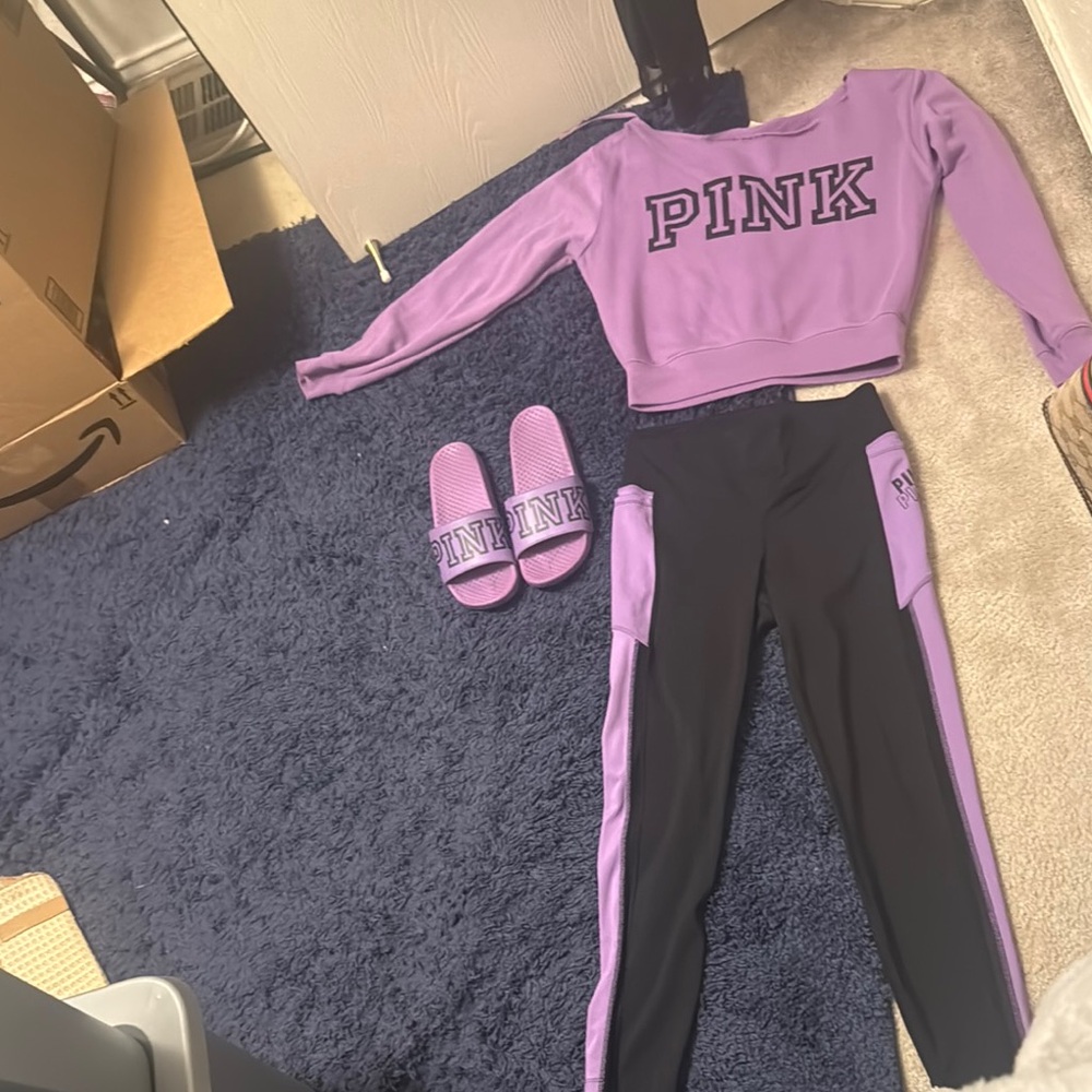 Purple PINK Sweatshirt and Leggings Set with Slides